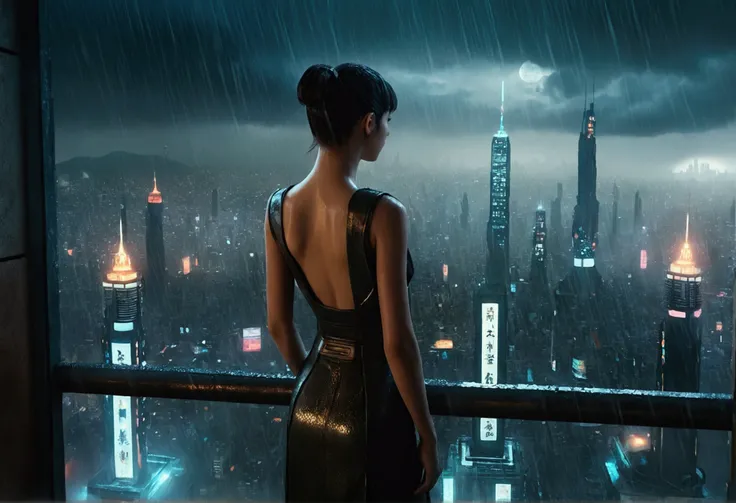 Realistic image of a futuristic city inspired by the movie "Blade Runner", on android ((Beautiful girl)) Standing on the terrace of a high-rise building overlooking the city. Its raining、Scene 16:9 aspect ratio (Including terrace roof)), 3 from behind/View...