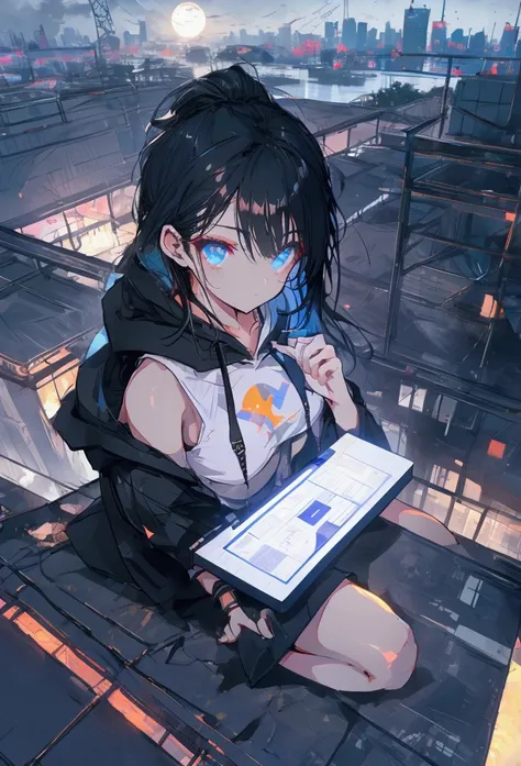 Using a laptop、Beautiful Face、Beautiful legs、Black Hair、On the roof、full moon,neon.hoodie,Sitting、IT Engineer、Building district、Landscape、rooftop