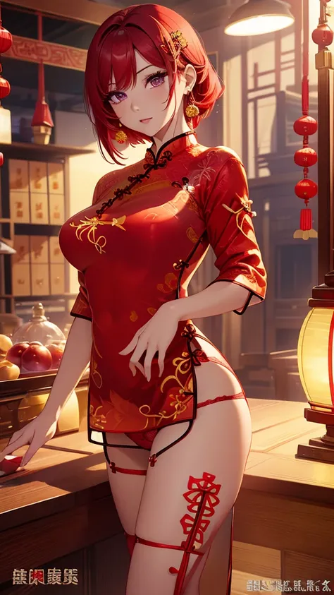 Highest quality、highest quality、Highest Resolution、beautiful girl, Bright red hair,Short Hair、Big Breasts、Hair clip, Detailed purple eyes, ((Red cheongsam like underwear:1.4)),Firm breasts,Gold Necklace、Golden earrings、In close range