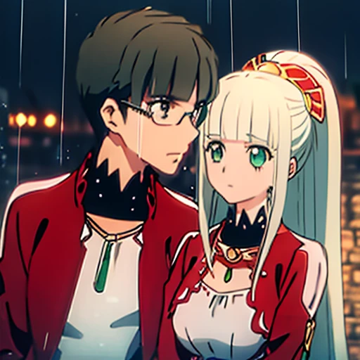 1 boy with black hair, Red jacket and glasses romantically kissing a girl in a red and white dress Long light green hair and green eyes, bright city with night rain in the background., True love, blushing cheeks, high quality 