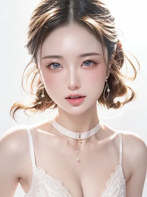 White Background、Professional Lighting、(((Professional Lighting 1.5)))、Translucent skin texture、Beautiful Skin、Beautiful Skin、、(((Whitening 1.5)))、White bra、See through、、Ecstasy of Musical Notes、((White bra1.5))、See through1.5、Bust up photo、Simple earrings...