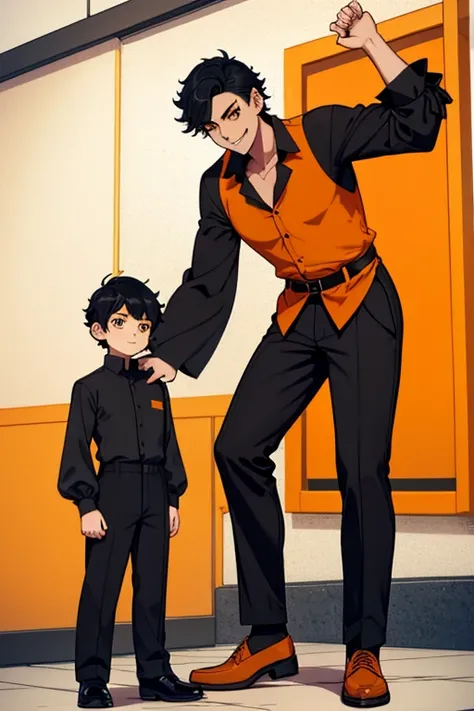 male, black short hair with yellow trim, orange eyes, (((1boy))), (((orange dress shirt with sleeves rolled up))), (black shirt), (black pants), (black shoes), young, long legs, smiling