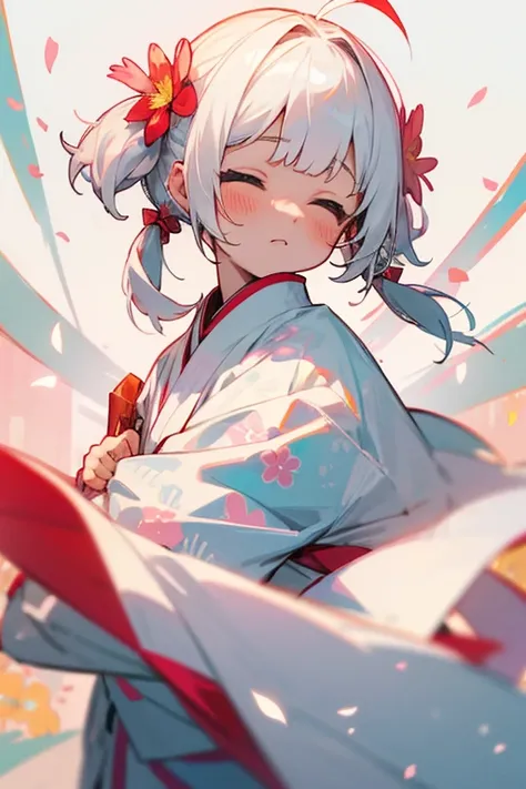 Short white hair, blush, (yukata)、Headbang 2.、(White clothes.Flower pattern).Twin tails、sharp、(Summer festival)、