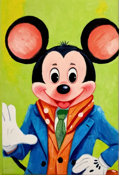 A painting。pastel artwork。Mickey Mouse cartoon character, in style of disney zootopia,Vibrant cartoon art, disney zootopia,Hand drawn cartoon art style, 