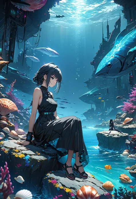 Wearing a black dress、Anime girl sitting on a rock surrounded by seashells, anime art wallpaper 4k, anime art wallpaper 4k, 4K Manga Wallpapers, Wallpaper Anime Blue Water, Anime Art Wallpapers 8K, Deep Sea Cyberpunk, Anime fantasy artwork, Ultra HD Anime ...