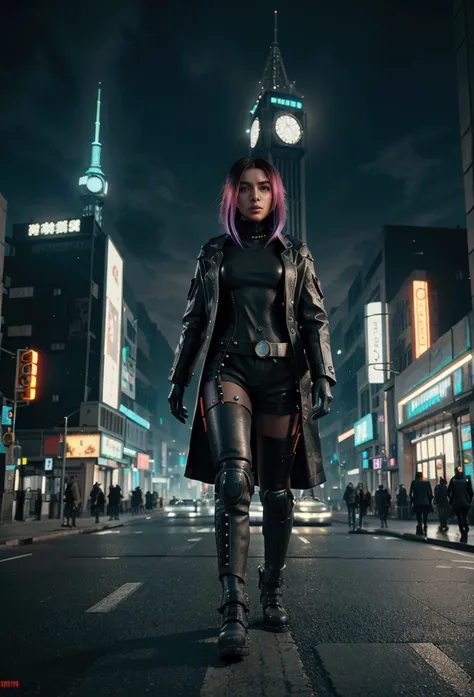 People walking through the city at night with the big clock tower in the background, In the cyberpunk city of the future, Futuristic cyberpunk scenario, astation and beeple very, In a fantasy sci-fi city, sci-fi cyberpunk city street, Busy cyberpunk metrop...