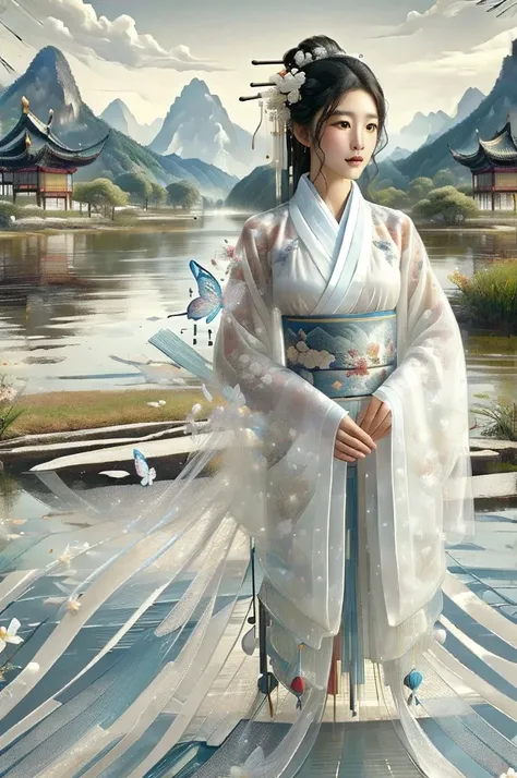 ((masterpiece)),((best quality)),8k,high detailed,ultra-detailed,intricate detail,xs-abstract,1girl, butterfly, solo, bug, hair ornament, black hair, mountain, east asian architecture, flower, architecture, pagoda, hanfu, snow