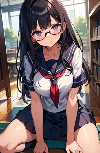 Elementary school girl　8-year-old　Large Breasts　Black Hair　Long Hair　Purple eyes　1 person　Glasses　Short-sleeved sailor uniform　Navy blue mini skirt　White panties　White socks　sneakers　School Library　squat　Dynamic Angle　Low - Angle