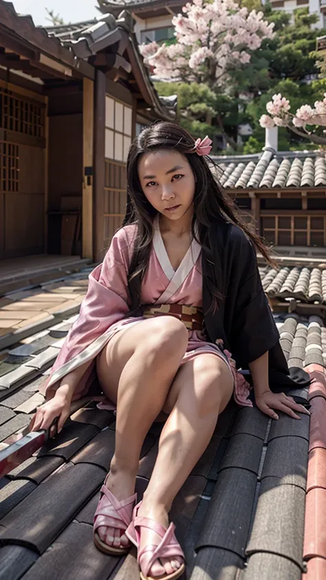 a female character, wearing a plain colored kimono, named "NEZUKO" in the story "demon slayer" with pink eyes, flip-flops, with a mouth that is biting pieces of bamboo, is sitting on a roof tile while holding a katana, with realistic cherry blossom effects...