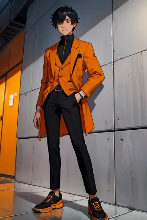 male, black short hair with yellow trim, orange eyes, (((1boy))), (((orange blazer jacket))), (black shirt), (black pants), (black shoes), young, long legs, smiling