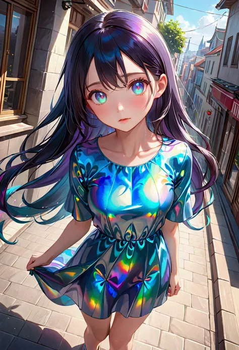 Long dark iridescent hair, iridescent eyes,perfect body proportion,wide angle shot, casual dress, best quality, high resolution, 8k