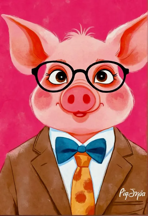 A painting。pastel artwork。Pig cartoon character,Glasses， in style of disney zootopia,Vibrant cartoon art, disney zootopia,Hand drawn cartoon art style, 