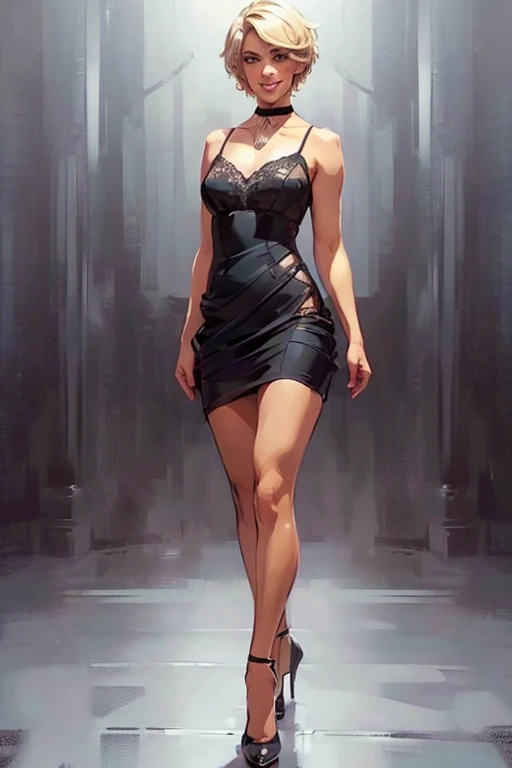 ((full body:1.4)).(rule of thirds:1.4), ((ultra realistic illustration:1.2)),Athletic blonde woman, (short hair), tomboy, cute, ((smile)), sexy, smoky eye, choker, sheer lace black minidress, high heels.Masterpiece, best quality,(highly detailed:1.2),(deta...