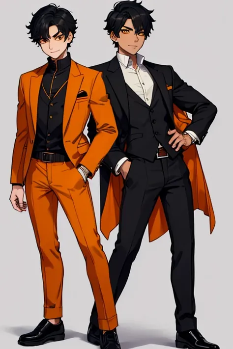 male, black short hair with yellow trim, orange eyes, (((1boy))), (((orange blazer jacket))), (black shirt), (black pants), (black shoes), young, long legs, smiling