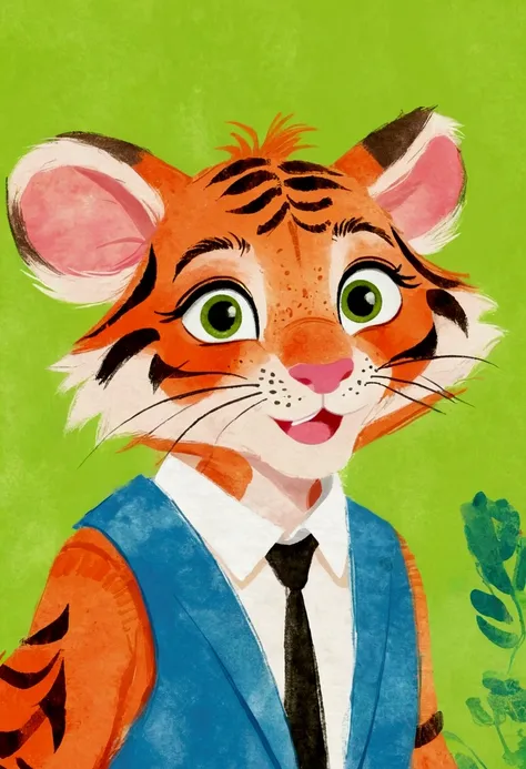 A painting。pastel artwork。Tiger cartoon character, in style of disney zootopia,Vibrant cartoon art, disney zootopia,Hand drawn cartoon art style, 