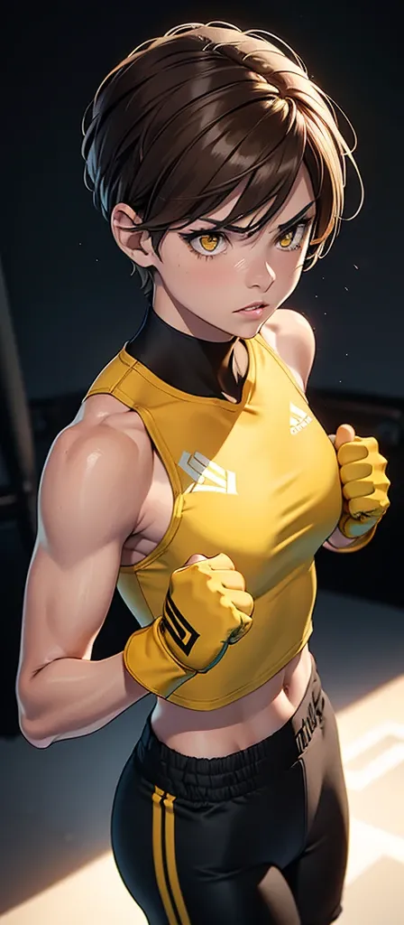 Furious Female boxer lifting the hands in clinch posture, short hair,brown hair, yellow glowing eyes, yellow eyes, short hair wearing boxing gloves, punching the camera, makeup, mascara, Lips are subdued or  colors, Minimalism, monotone, simple color palet...