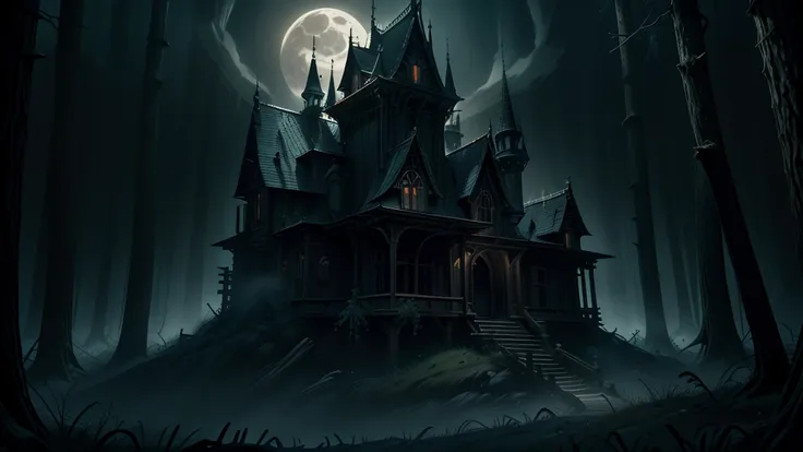 a beautiful haunting moonlit halloween night forest landscape, a dark mysterious castle in the background, a winding moonlit for...