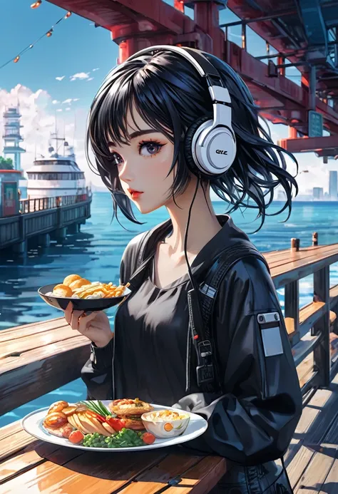 Anime girl with headphones and a plate of food on a pier, artwork in the style of Gwaiz, Digital Cyberpunk Anime Art, Digital Cyberpunk - Anime Art, Trending on cgstation, Gwaiz, Beautiful digital art, Cyberpunk atmosphere, anime cyberpunk art, Anime Style...