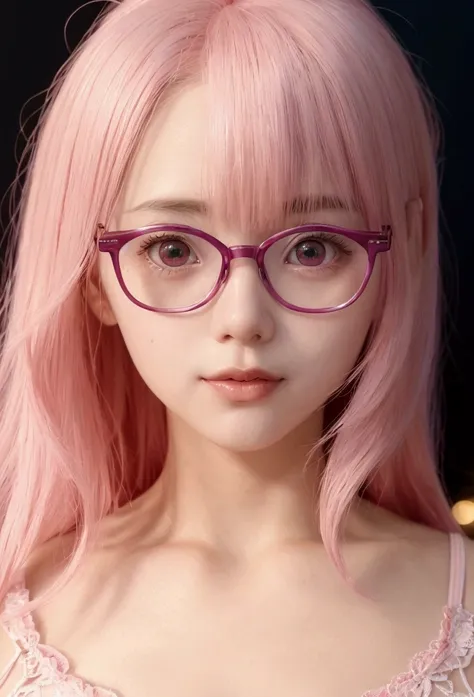 Close-up of a woman with pink hair wearing glasses, artwork in Gouves style, Gouves, cute realistic portrait, inspired by Seihiko-kun, glowing pink face, pink girl, beautiful animated portraits, pink glasses, glowing pink eyes, Realistic animated 3D style,...