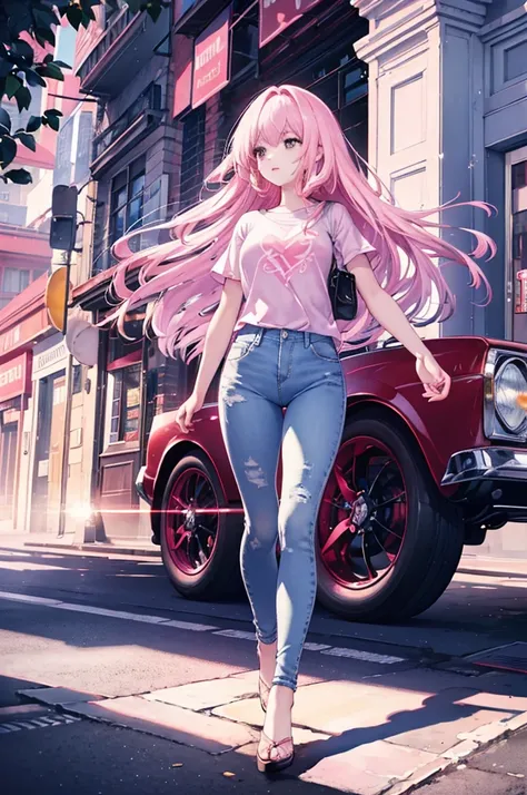 A vision flow of a beautiful woman walking down a street, her pink t-shirt and faded blue jeans illuminated by the sun, a red car passing in the background, and a world of shimmering light.  