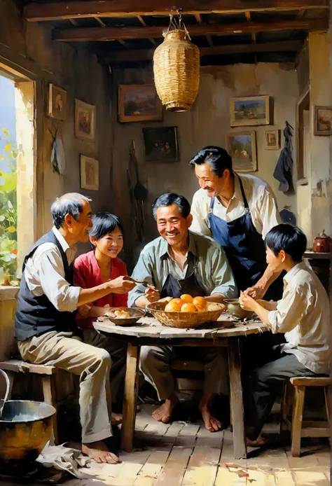 (in 8K、top-quality、​masterpiece:1.2)Impressionist oil painting depicting a Vietnamese family of ((3 middle-aged men)) sitting around an old round table in a (shabby house :1.3) ,  eating and laughing happily, on the wall of the shabby house hang a few pots...