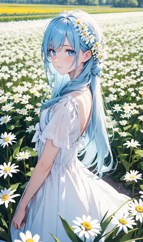 One girl,In the flower field,White flower,View your viewers,blue eyes,Blue Hair,Daisy,Long Hair,Middle parted hair,Pure white dress,