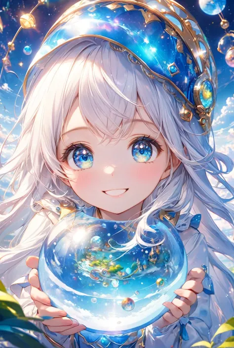 (Highest quality, 8k, 32K, masterpiece, Ultra-high resolution,:1.2),born, One girl,Super cute , A fantasy background like an electronic world, Clear, shining eyes, Age 25 ,Fair skin, Girl with white hair, Fantasy clothing, Long Hair, An innocent smile