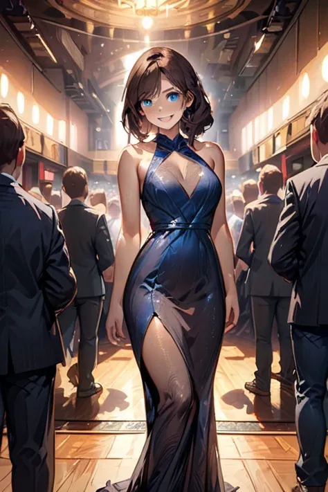 college woman; Strikingly attractive; Long, dark brown hair; blue eyes; Slender figure; smiling; standing in front of a crowded theater; best quality; soft blur background; trending on artstation; complex volumetric lighting; strong shadows; artistic light...