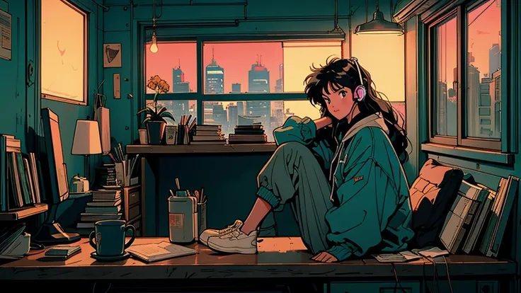 80s anime style: wide shot of cute 21-year-old girl with long hair in dimly lit bedroom at night. sitting at desk with books, we...