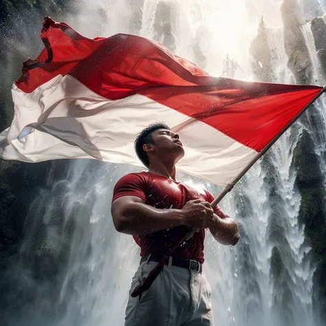 super realistic , of an indonesian man slightly stocky body with short black hair , wearing red shirt, white trousers . closing his eyes while kissing the big red and white flag he is holding. dramatic  water fall backgroun blown by the wind, kualitas ultr...