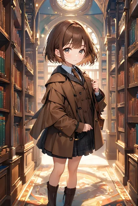 (Highest quality, 8k, 32K, masterpiece, Ultra-high resolution,:1.2),born, One girl,Super cute , A fantasy background like a library, Clear, shining eyes, Age 25 ,Fair skin, Brown Haired Girl, Dressed like a detective, short hair, Sherlock Holmes