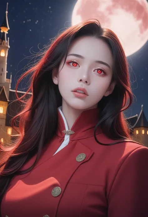 masterpiece, best quality, (Focus only), (Perfect face:1.1), (High Detail:1.1), (Extremely detailed eyes), dramatic, 1 person, (Pale skin), 金色的Long hair, (Red iris), Personal Focus, vampire, Long hair, moon, night, Red luxury suit, Pursed lips, castle, Det...