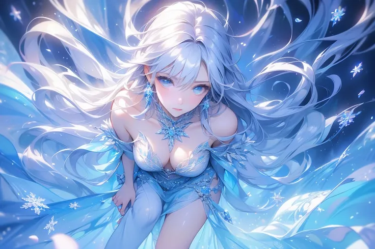 (Above the knees image:1.5)wood, Exquisite mini ice spikes and crystals, Frozen waterfall in the background, Light reflected by ice crystals, Flowing snowflakes.1 girl, Beautiful woman、pretty girl,A realistic person,Beautiful cleavage,small breasts
