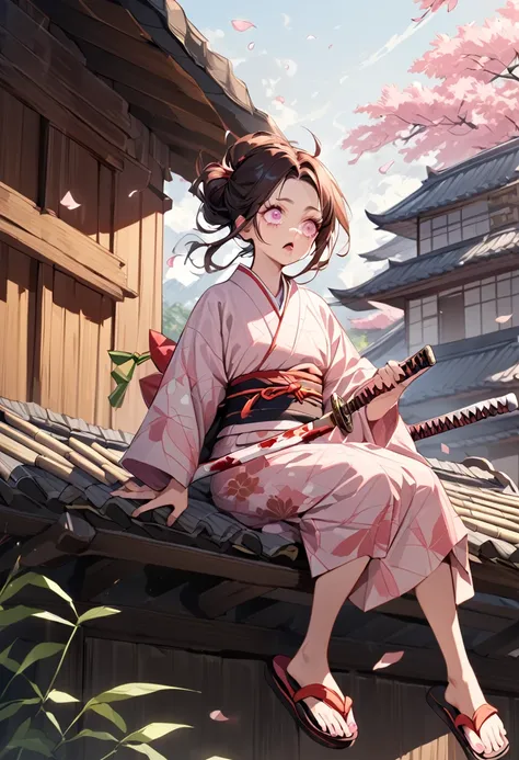 a female character, wearing a plain colored kimono, named "NEZUKO" in the story "demon slayer" with pink eyes, flip-flops, with a mouth that is biting pieces of bamboo, is sitting on a roof tile while holding a katana, with realistic cherry blossom effects...