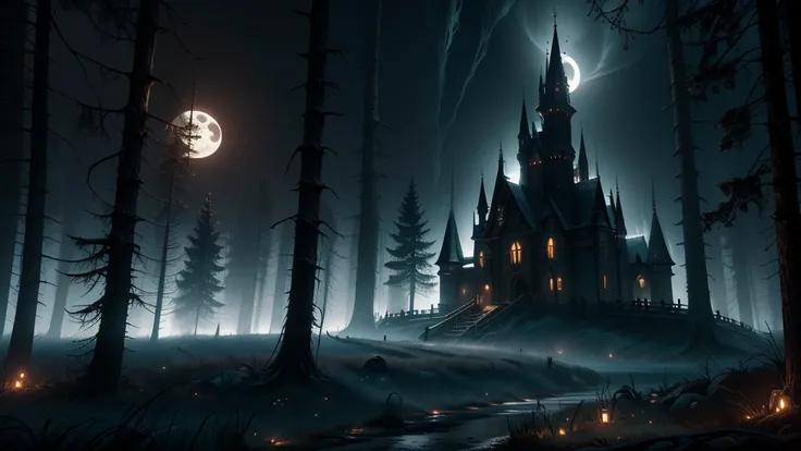 a beautiful haunting moonlit halloween night forest landscape, a dark mysterious castle in the background, a winding moonlit forest path, eerie moonlight, horror, spooky, (best quality,4k,8k,highres,masterpiece:1.2),ultra-detailed,(realistic,photorealistic...