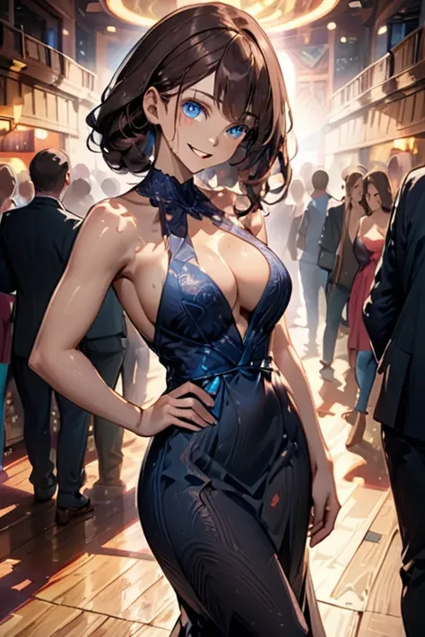 college woman; Strikingly attractive; Long, dark brown hair; blue eyes; Slender figure with large bust; smirking; standing in front of a crowded theater; best quality; soft blur background; trending on artstation; complex volumetric lighting; strong shadow...