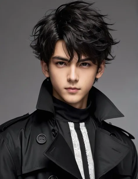 1boy tennage, with Black straghit medium messy hair, wearing Black trench coat, Black sclerea, realistic 