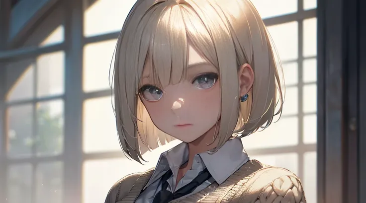 (Bob Cut Hair, Platinum Blonde Hair:1.2),(Wear a cardigan over a collared shirt:1.2),1 girl,Japanese,21 years old,(Small breasts:1.3),(Highest quality,masterpiece:1.3,超A high resolution,),(Ultra-detailed,Caustics),(Photorealistic:1.4,RAW shooting,)Ultra-Re...