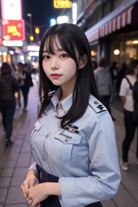 Close-up portrait photo of a young woman in uniform、Standing on a city street、Neon lights in the background、The mist creates a magical atmosphere、Volumetric Lighting