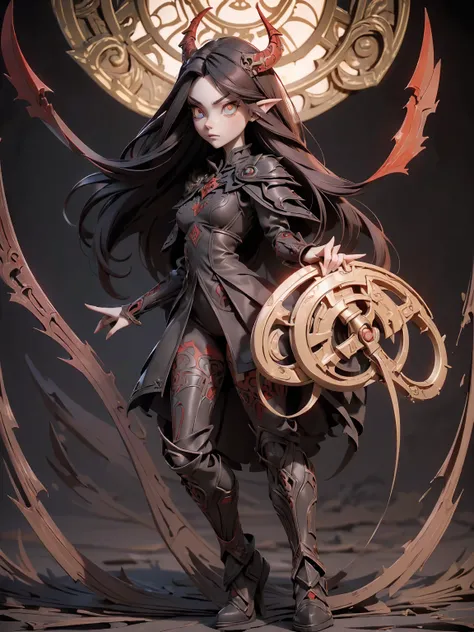 (((Best Quality))), (((Masterpiece))), ((Realistic)) ((full body shot)) slender cute  pale demon girl, pointing ears, (red colored eyes), (long black hair), wearing demon armor (intricate details:1.5) holding a giant demon stylish scythe.