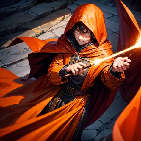 1man, an old, orange cloak, the eyes are glowing bright yellow and the face is indistinguishable in the shadow of the cloak, wearing a red cape