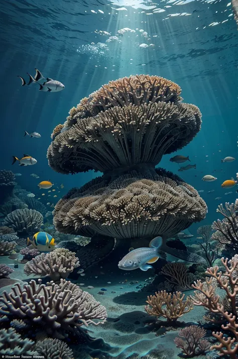 An underwater illustration showing diverse marine life such as tropical fish, coral reefs, jellyfish, and sea turtles with vivid and intricate details.