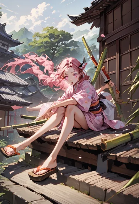 a female character, wearing a plain colored kimono, named "NEZUKO" in the story "demon slayer" with pink eyes, flip-flops, with a mouth that is biting pieces of bamboo, is sitting on a roof tile while holding a katana, with realistic cherry blossom effects...