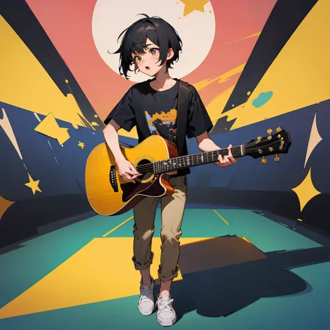 Highest quality、An illustration、anime、boy、18-year-old、One person、whole body、boyish、Sing with all your might、Short Hair、Black Hair、Yellow T-shirt、Black chinos、White sneakers、Acoustic guitar、Bend and look down、
