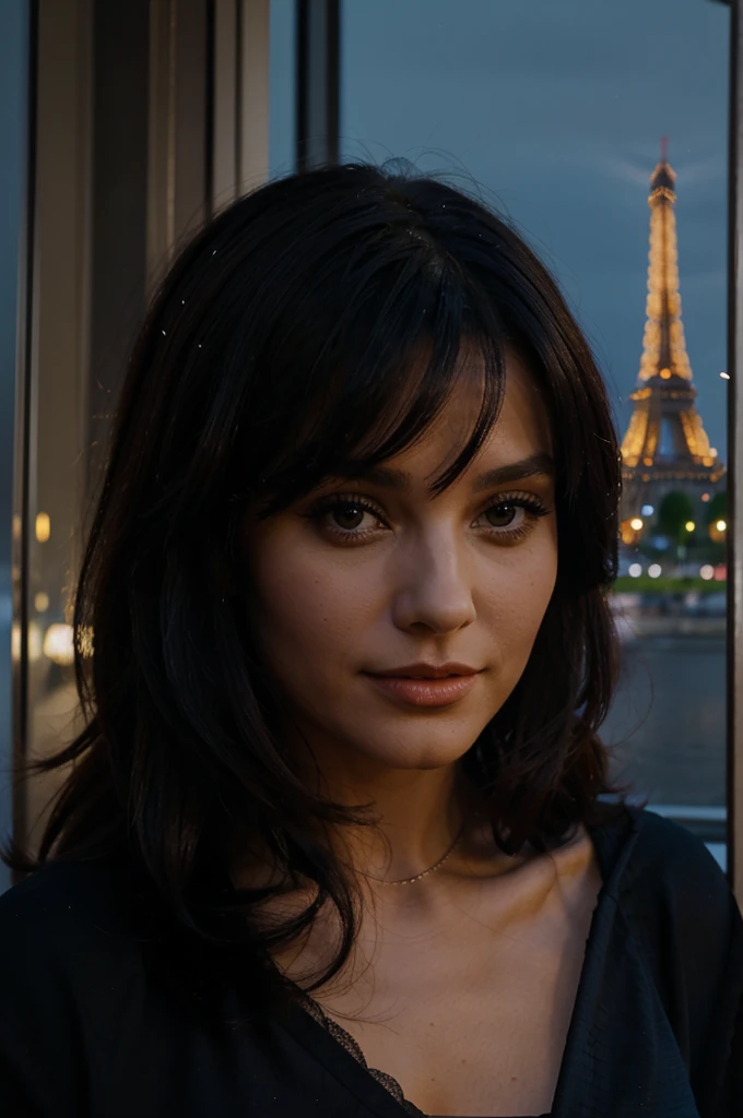 Pretty Woman, black har, en robe sexly bleu, devant la tour eiffel, The evening, luminous, sexly