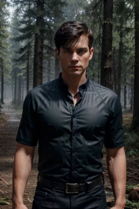 Ennis, Brian Patrick Wade, Teen Wolf, male, 30 years old, short black hair crew cut, slim muscular build, blue eyes, black military jacket, gray short sleeve shirt, black hunter belt, black jeans, black combat boots glade, wolf pendant, forest background w...