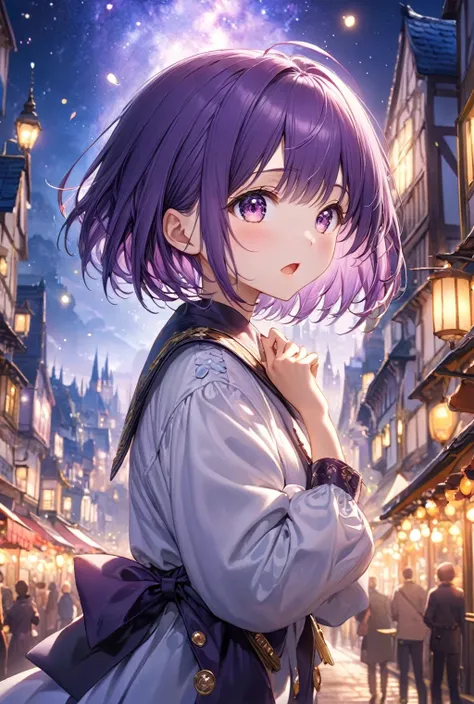 (Highest quality, 8k, 32K, masterpiece, Ultra-high resolution,:1.2),born, One girl,Super cute , A fantasy background with a night view, Clear, shining eyes, Age 25 ,Fair skin, Girl with purple hair, General personal clothes,, short hair, Surprised