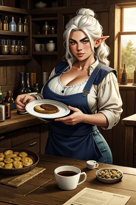 1girl, young female gnome, short and robust, short and disheveled white hair, pointed ears, dark brown eyes, freckles, thin lips...