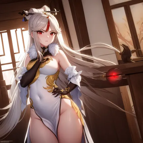 1women,milf,ningguang, ningguang, grey hair, hair ornament, hairpin, long hair, parted bangs, (red eyes:1.5), sidelocks, streaked hair, red hair,medium breast,
BREAK bare shoulders, black gloves, chinese clothes, claw ring, detached sleeves, dress, elbow g...