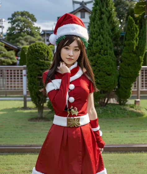 1 woman, japan, Christmas clothes, Christmas hat, human, hd realistic 